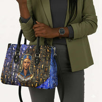 Hatshepsut Leather Bag with Queen King Portrait, Temple Illustration and Blue-Gold Hieroglyphic - Wonder Print Shop