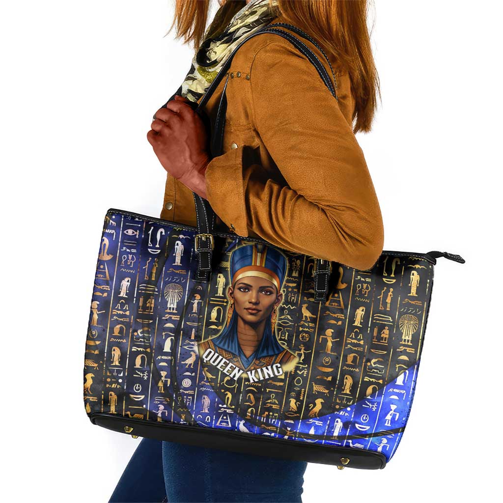 Hatshepsut Leather Tote Bag with Queen King Portrait, Temple Illustration and Blue-Gold Hieroglyphic - Wonder Print Shop