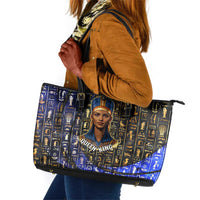 Hatshepsut Leather Tote Bag with Queen King Portrait, Temple Illustration and Blue-Gold Hieroglyphic - Wonder Print Shop