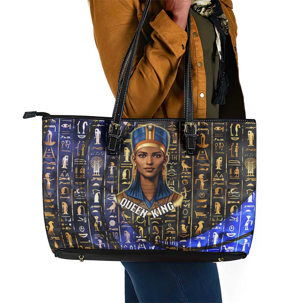 Hatshepsut Leather Tote Bag with Queen King Portrait, Temple Illustration and Blue-Gold Hieroglyphic - Wonder Print Shop