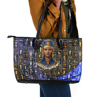 Hatshepsut Leather Tote Bag with Queen King Portrait, Temple Illustration and Blue-Gold Hieroglyphic - Wonder Print Shop