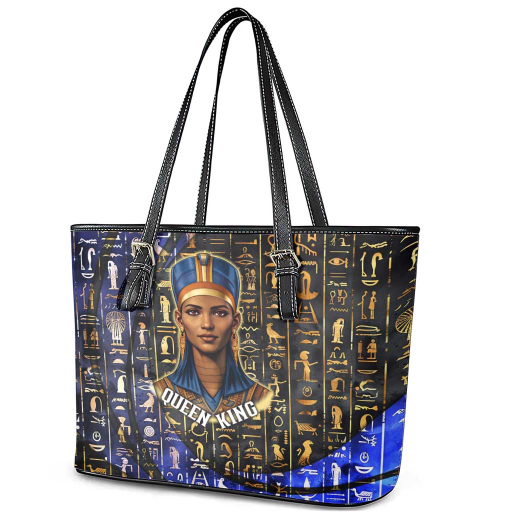 Hatshepsut Leather Tote Bag with Queen King Portrait, Temple Illustration and Blue-Gold Hieroglyphic - Wonder Print Shop