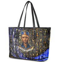 Hatshepsut Leather Tote Bag with Queen King Portrait, Temple Illustration and Blue-Gold Hieroglyphic - Wonder Print Shop