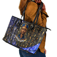 Hatshepsut Leather Tote Bag with Queen King Portrait, Temple Illustration and Blue-Gold Hieroglyphic - Wonder Print Shop