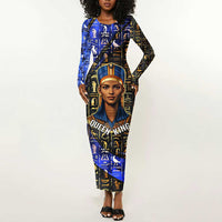 Hatshepsut Long Sleeve Bodycon Dress with Queen King Portrait, Temple Illustration and Blue-Gold Hieroglyphic - Wonder Print Shop