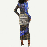 Hatshepsut Long Sleeve Bodycon Dress with Queen King Portrait, Temple Illustration and Blue-Gold Hieroglyphic - Wonder Print Shop