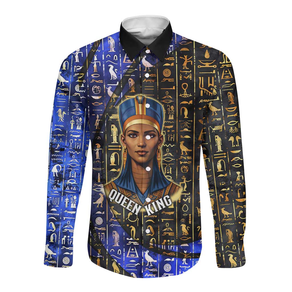 Hatshepsut Long Sleeve Button Shirt with Queen King Portrait, Temple Illustration and Blue-Gold Hieroglyphic - Wonder Print Shop