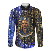 Hatshepsut Long Sleeve Button Shirt with Queen King Portrait, Temple Illustration and Blue-Gold Hieroglyphic - Wonder Print Shop