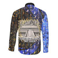 Hatshepsut Long Sleeve Button Shirt with Queen King Portrait, Temple Illustration and Blue-Gold Hieroglyphic - Wonder Print Shop