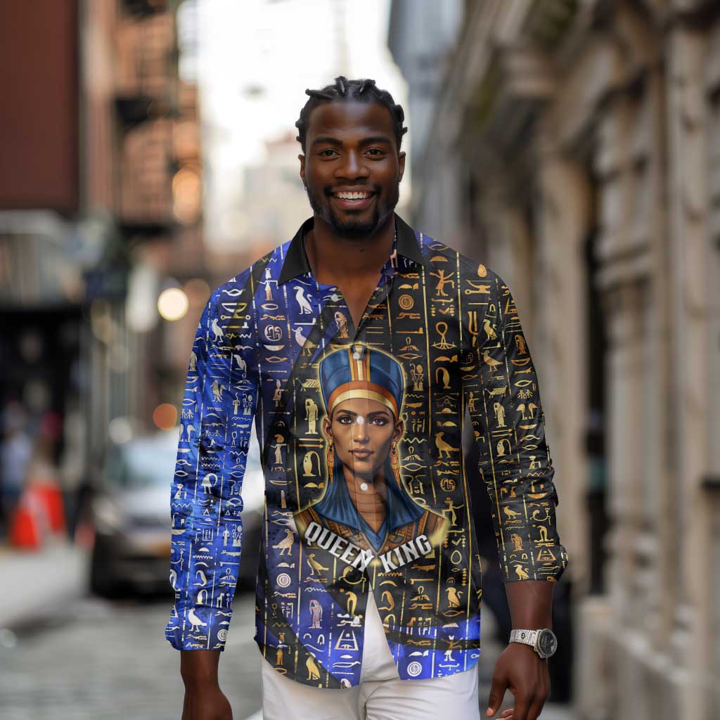 Hatshepsut Long Sleeve Button Shirt with Queen King Portrait, Temple Illustration and Blue-Gold Hieroglyphic - Wonder Print Shop