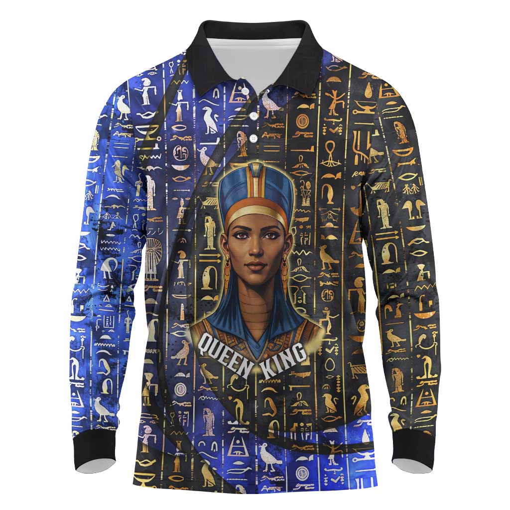 Hatshepsut Long Sleeve Polo Shirt with Queen King Portrait, Temple Illustration and Blue-Gold Hieroglyphic - Wonder Print Shop