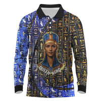 Hatshepsut Long Sleeve Polo Shirt with Queen King Portrait, Temple Illustration and Blue-Gold Hieroglyphic - Wonder Print Shop