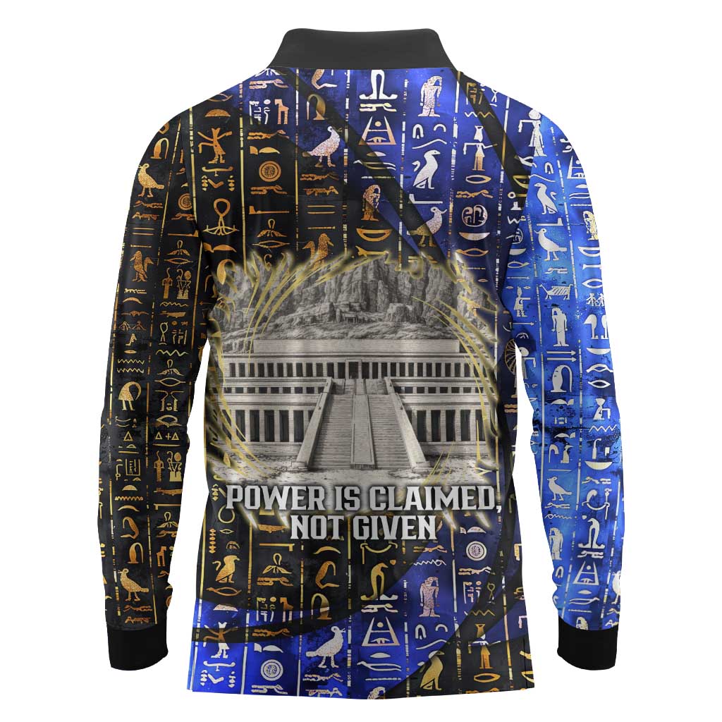 Hatshepsut Long Sleeve Polo Shirt with Queen King Portrait, Temple Illustration and Blue-Gold Hieroglyphic - Wonder Print Shop