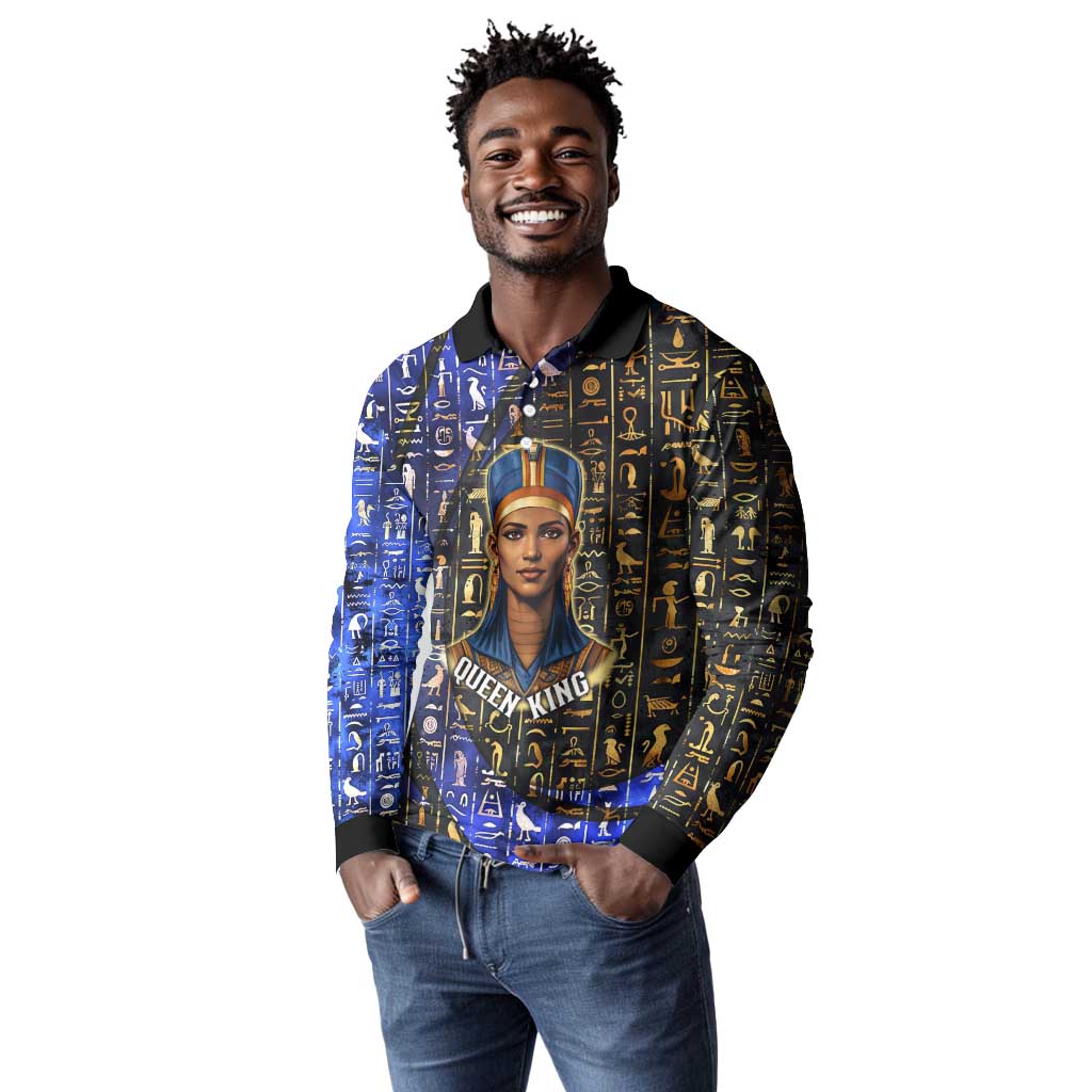 Hatshepsut Long Sleeve Polo Shirt with Queen King Portrait, Temple Illustration and Blue-Gold Hieroglyphic - Wonder Print Shop