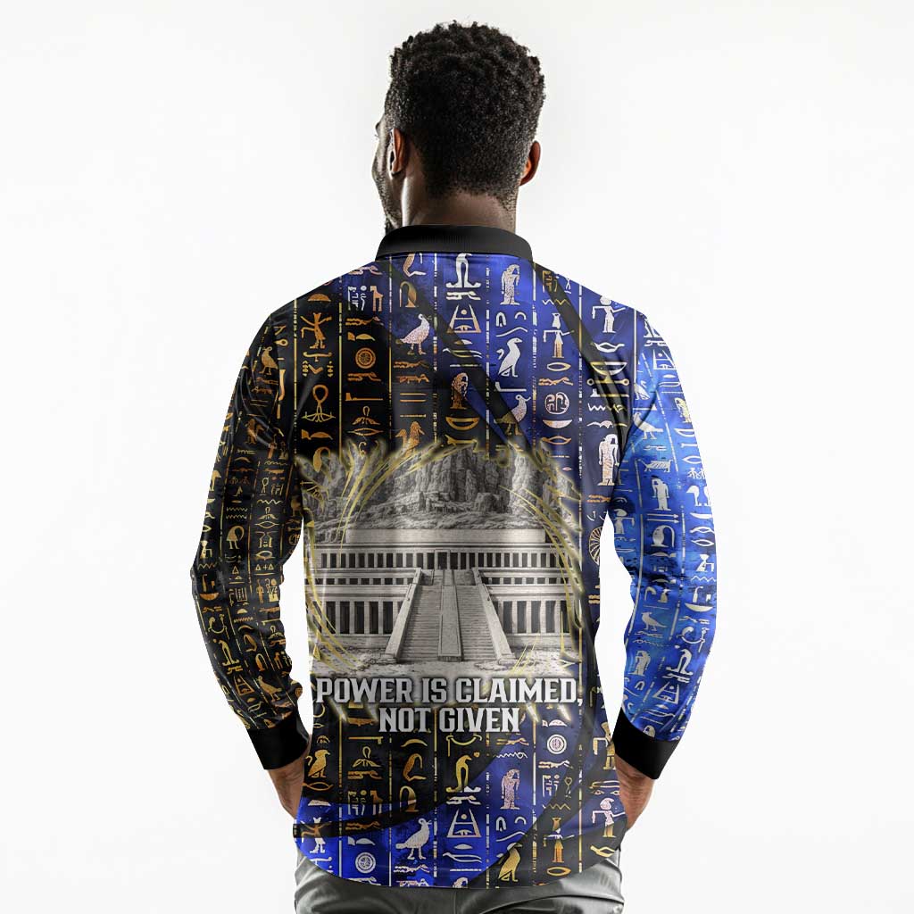 Hatshepsut Long Sleeve Polo Shirt with Queen King Portrait, Temple Illustration and Blue-Gold Hieroglyphic - Wonder Print Shop
