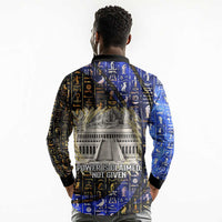 Hatshepsut Long Sleeve Polo Shirt with Queen King Portrait, Temple Illustration and Blue-Gold Hieroglyphic - Wonder Print Shop