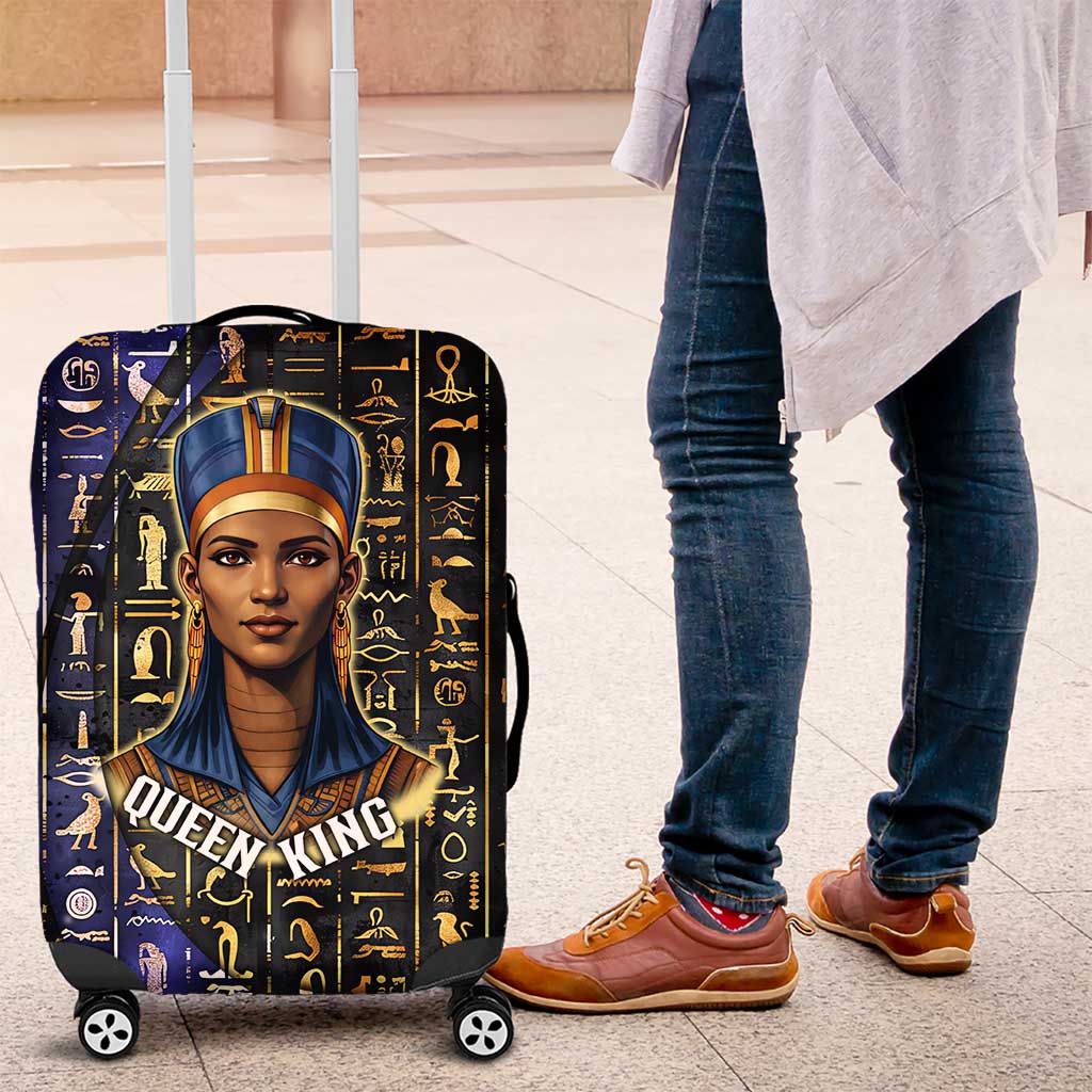 Hatshepsut Luggage Cover with Queen King Portrait, Temple Illustration and Blue-Gold Hieroglyphic - Wonder Print Shop