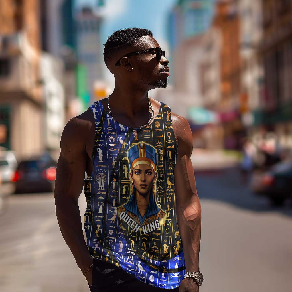 Hatshepsut Men Tank Top with Queen King Portrait, Temple Illustration and Blue-Gold Hieroglyphic - Wonder Print Shop