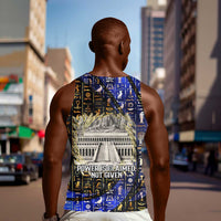 Hatshepsut Men Tank Top with Queen King Portrait, Temple Illustration and Blue-Gold Hieroglyphic - Wonder Print Shop