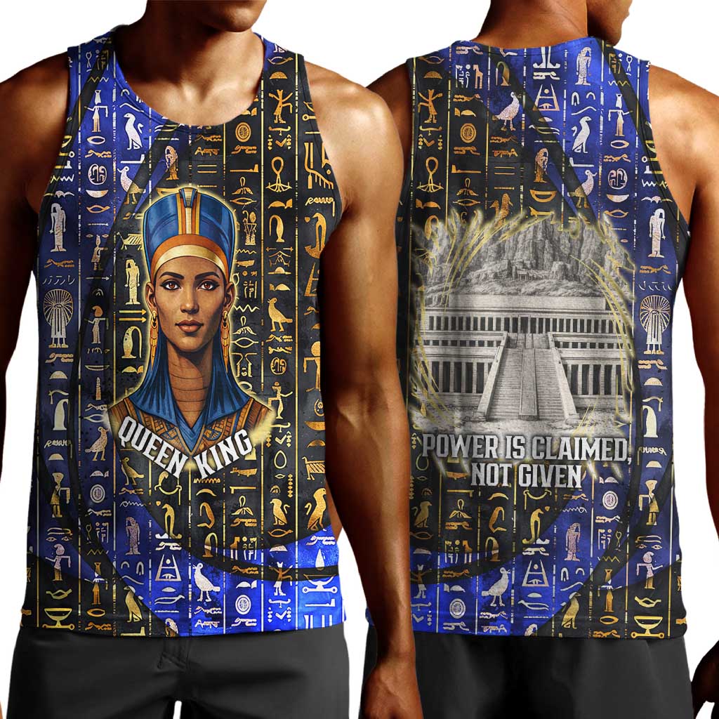 Hatshepsut Men Tank Top with Queen King Portrait, Temple Illustration and Blue-Gold Hieroglyphic - Wonder Print Shop