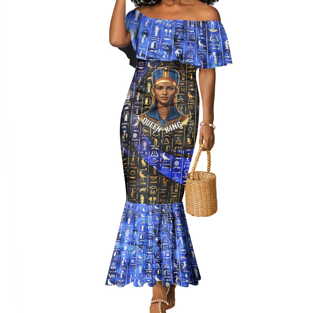 Hatshepsut Mermaid Dress with Queen King Portrait, Temple Illustration and Blue-Gold Hieroglyphic - Wonder Print Shop