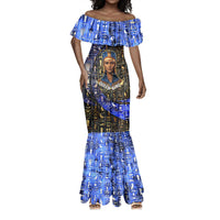 Hatshepsut Mermaid Dress with Queen King Portrait, Temple Illustration and Blue-Gold Hieroglyphic - Wonder Print Shop