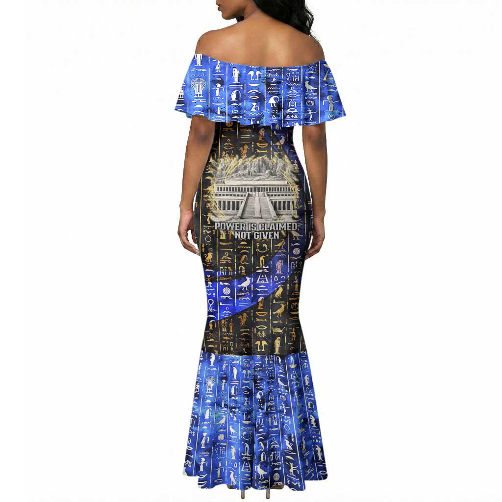 Hatshepsut Mermaid Dress with Queen King Portrait, Temple Illustration and Blue-Gold Hieroglyphic - Wonder Print Shop