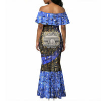 Hatshepsut Mermaid Dress with Queen King Portrait, Temple Illustration and Blue-Gold Hieroglyphic - Wonder Print Shop