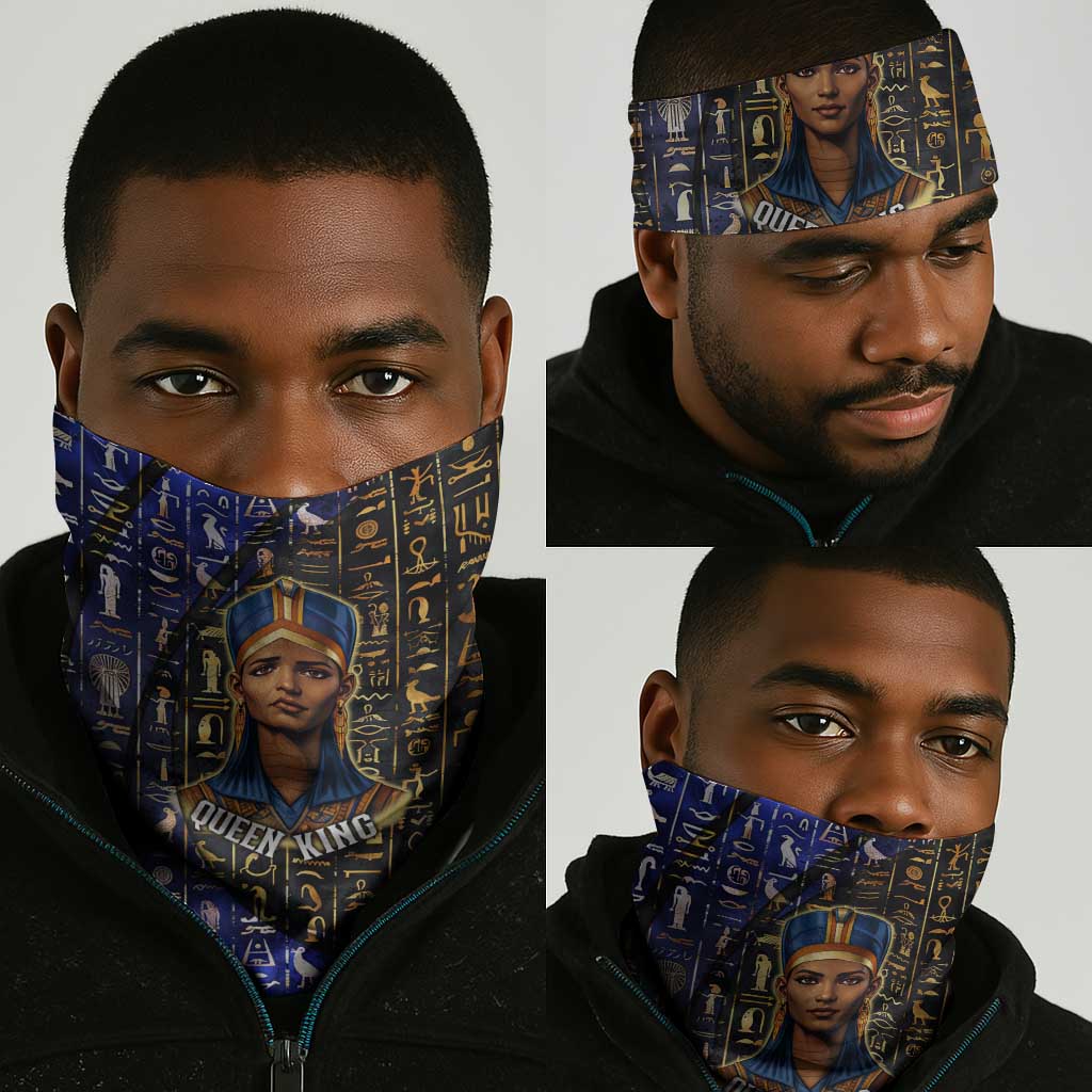 Hatshepsut Neck Gaiter with Queen King Portrait, Temple Illustration and Blue-Gold Hieroglyphic - Wonder Print Shop