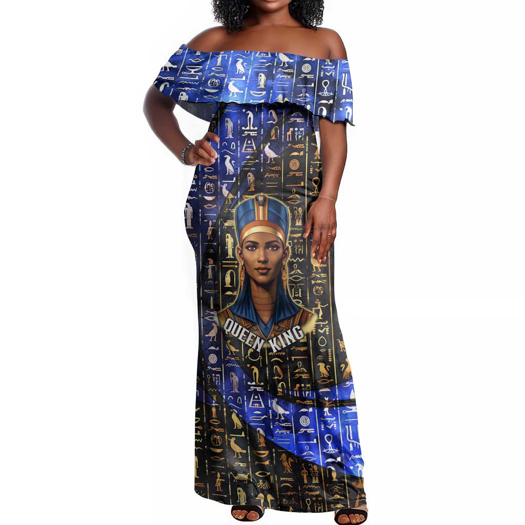 Hatshepsut Off Shoulder Maxi Dress with Queen King Portrait, Temple Illustration and Blue-Gold Hieroglyphic - Wonder Print Shop