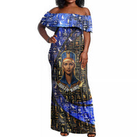 Hatshepsut Off Shoulder Maxi Dress with Queen King Portrait, Temple Illustration and Blue-Gold Hieroglyphic - Wonder Print Shop
