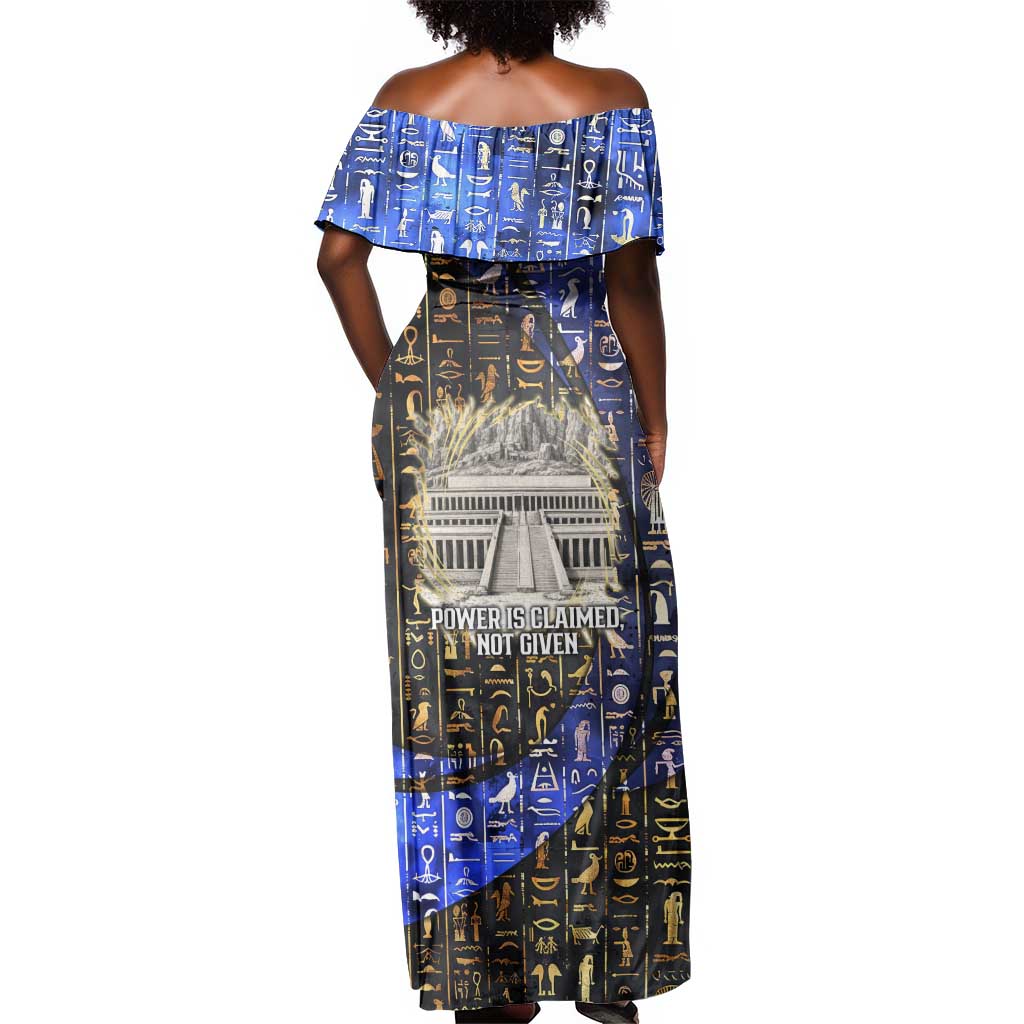 Hatshepsut Off Shoulder Maxi Dress with Queen King Portrait, Temple Illustration and Blue-Gold Hieroglyphic - Wonder Print Shop