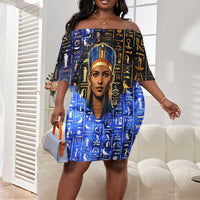Hatshepsut Off Shoulder Short Dress with Queen King Portrait, Temple Illustration and Blue-Gold Hieroglyphic - Wonder Print Shop
