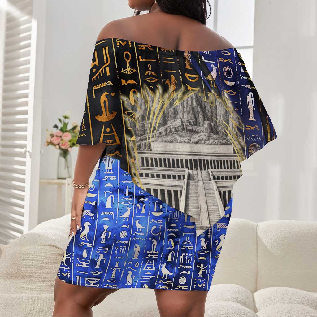Hatshepsut Off Shoulder Short Dress with Queen King Portrait, Temple Illustration and Blue-Gold Hieroglyphic - Wonder Print Shop