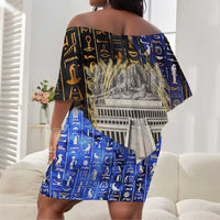 Hatshepsut Off Shoulder Short Dress with Queen King Portrait, Temple Illustration and Blue-Gold Hieroglyphic - Wonder Print Shop