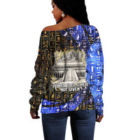 Hatshepsut Off Shoulder Sweater with Queen King Portrait, Temple Illustration and Blue-Gold Hieroglyphic - Wonder Print Shop