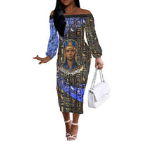 Hatshepsut Off The Shoulder Long Sleeve Dress with Queen King Portrait, Temple Illustration and Blue-Gold Hieroglyphic - Wonder Print Shop