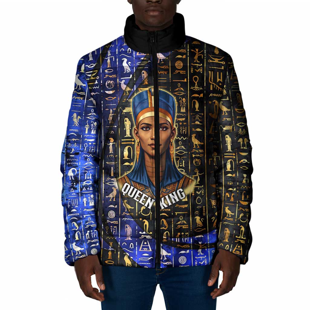 Hatshepsut Padded Jacket with Queen King Portrait, Temple Illustration and Blue-Gold Hieroglyphic - Wonder Print Shop