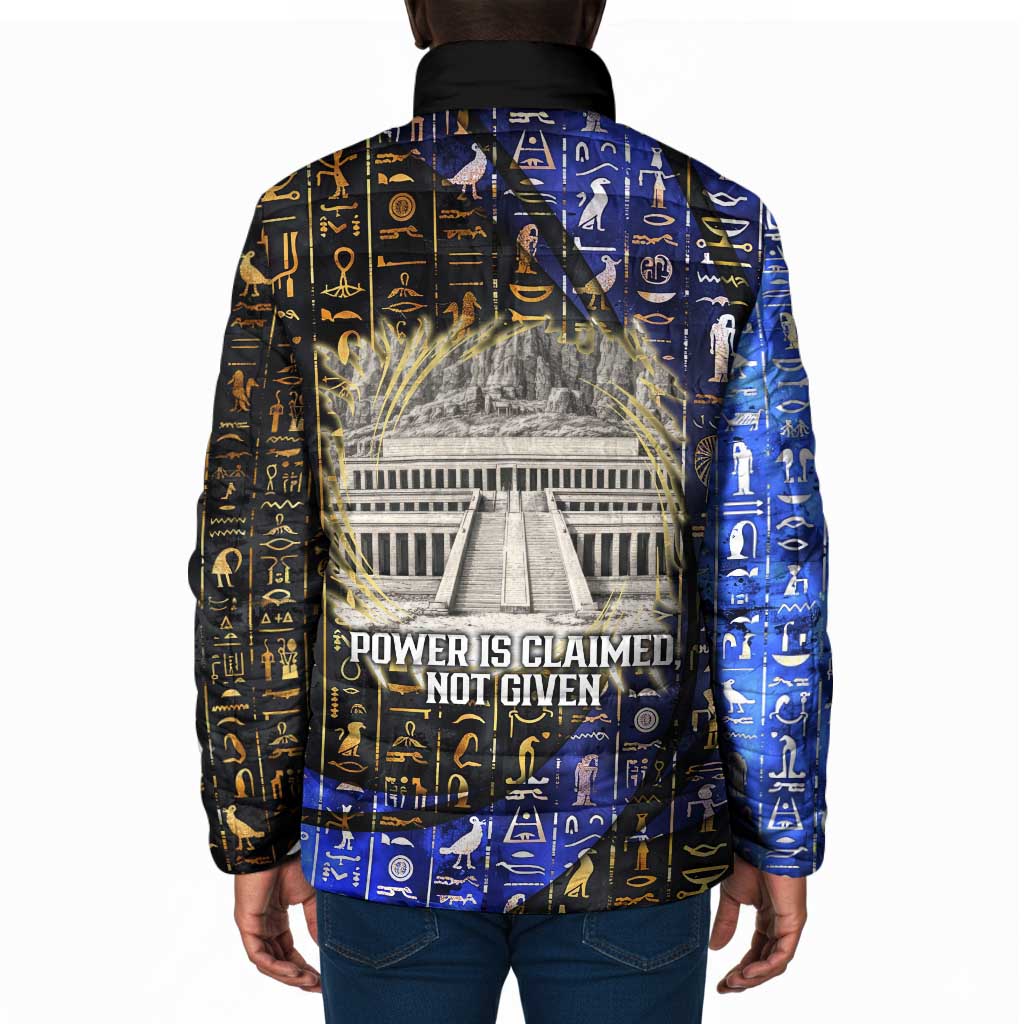 Hatshepsut Padded Jacket with Queen King Portrait, Temple Illustration and Blue-Gold Hieroglyphic - Wonder Print Shop