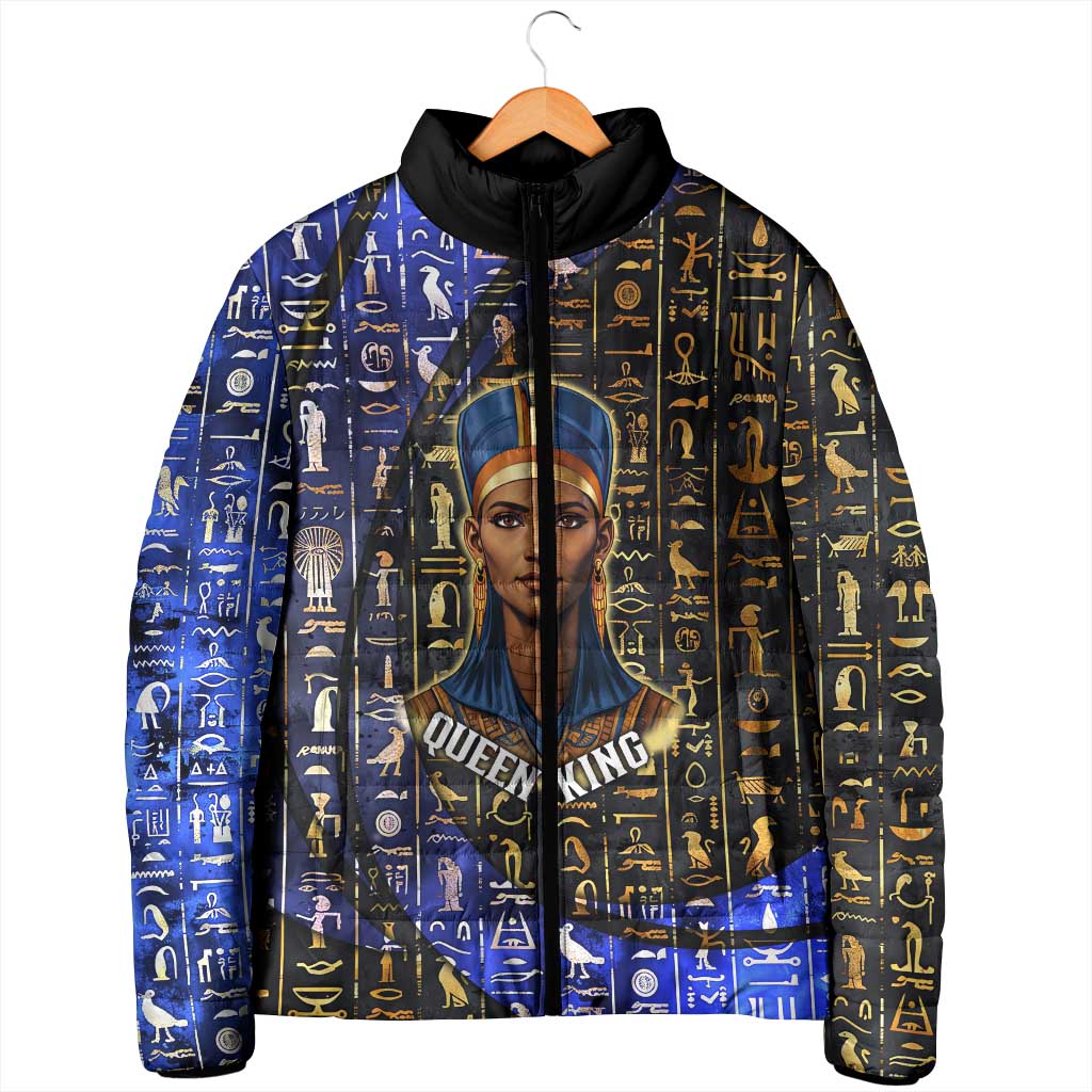 Hatshepsut Padded Jacket with Queen King Portrait, Temple Illustration and Blue-Gold Hieroglyphic - Wonder Print Shop