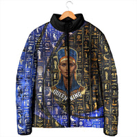 Hatshepsut Padded Jacket with Queen King Portrait, Temple Illustration and Blue-Gold Hieroglyphic - Wonder Print Shop
