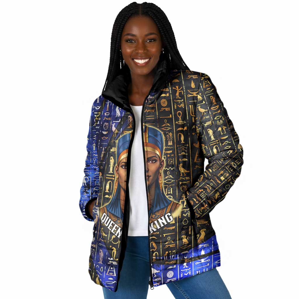 Hatshepsut Padded Jacket with Queen King Portrait, Temple Illustration and Blue-Gold Hieroglyphic - Wonder Print Shop