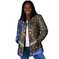 Hatshepsut Padded Jacket with Queen King Portrait, Temple Illustration and Blue-Gold Hieroglyphic - Wonder Print Shop