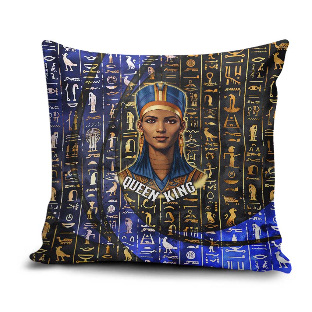 Hatshepsut Pillow Cover with Queen King Portrait, Temple Illustration and Blue-Gold Hieroglyphic - Wonder Print Shop