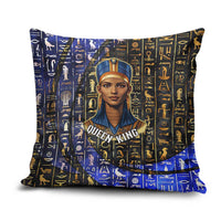 Hatshepsut Pillow Cover with Queen King Portrait, Temple Illustration and Blue-Gold Hieroglyphic - Wonder Print Shop
