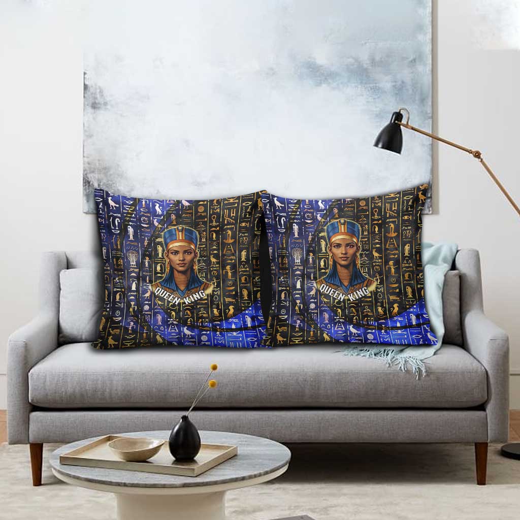 Hatshepsut Pillow Cover with Queen King Portrait, Temple Illustration and Blue-Gold Hieroglyphic - Wonder Print Shop