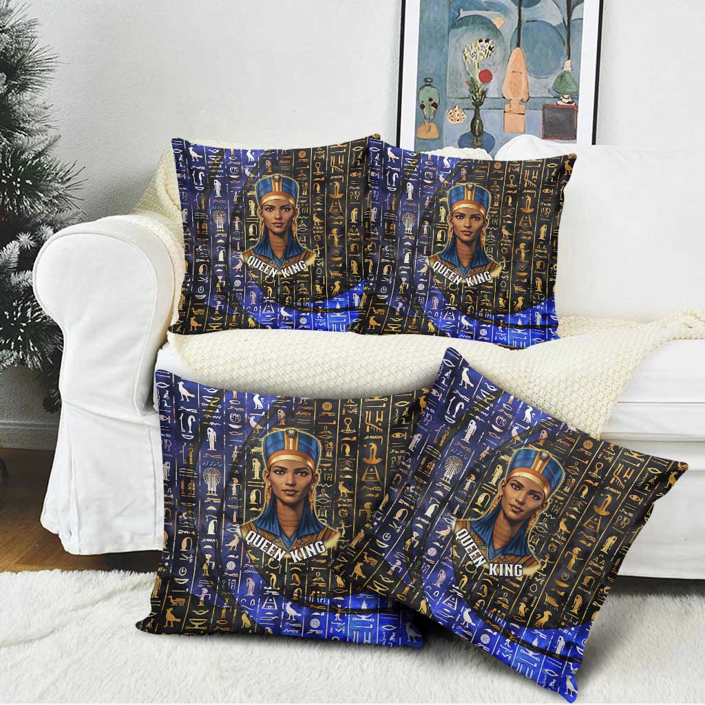Hatshepsut Pillow Cover with Queen King Portrait, Temple Illustration and Blue-Gold Hieroglyphic - Wonder Print Shop