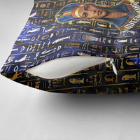 Hatshepsut Pillow Cover with Queen King Portrait, Temple Illustration and Blue-Gold Hieroglyphic - Wonder Print Shop