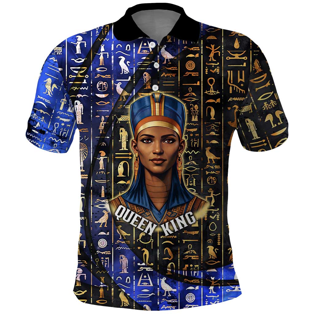 Hatshepsut Polo Shirt with Queen King Portrait, Temple Illustration and Blue-Gold Hieroglyphic - Wonder Print Shop