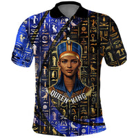 Hatshepsut Polo Shirt with Queen King Portrait, Temple Illustration and Blue-Gold Hieroglyphic - Wonder Print Shop